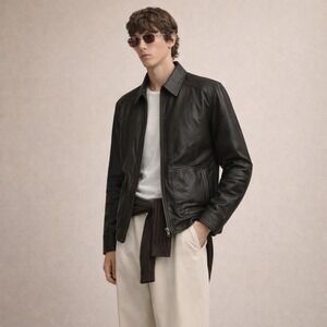 Massimo Dutti Mens Biker Black Sheepskin Leather Jacket Buckle Collar Size XXL‎